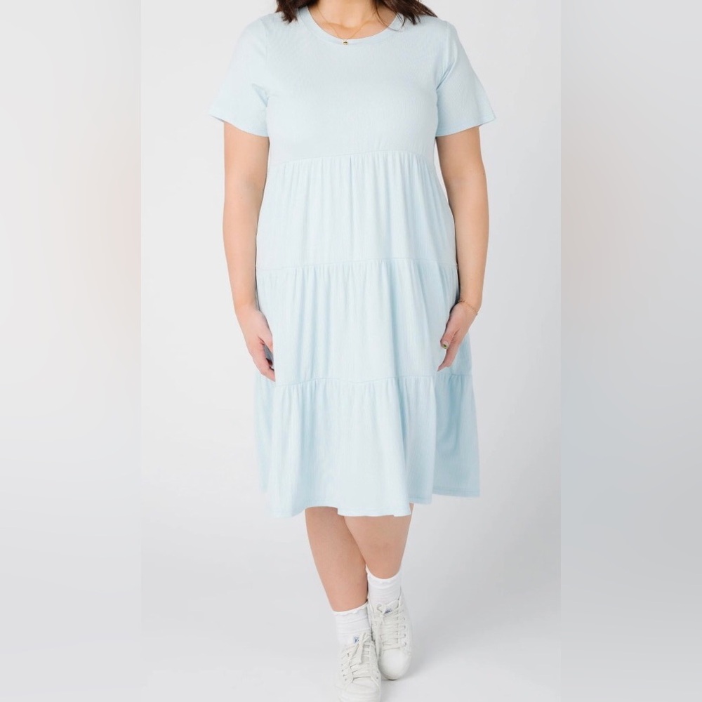 Brass & Roe by CTS Summer‎ Ribbed Tiered Midi Dress XXL Blue Stretch Knit Ruffle